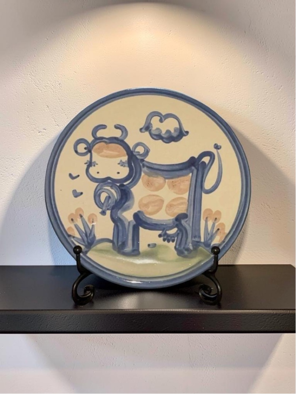 MA Hadley Signed Hand-Painted Ceramic Cow Pottery- Blue and Cream